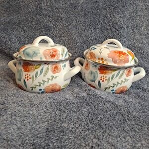 Crofton Enamel Stockpots Set 2pc 1QT Floral Double Handle W/Lids Multicolor
